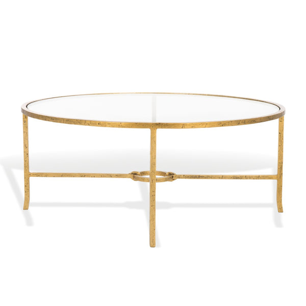 Safavieh TAURI Forged Metal Round Coffee Table - Industrial Elegance with Clear Glass Top for Modern Living Spaces Brass / Clear SFV9552A