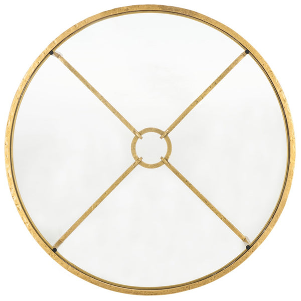 Safavieh TAURI Forged Metal Round Coffee Table - Industrial Elegance with Clear Glass Top for Modern Living Spaces Brass / Clear SFV9552A