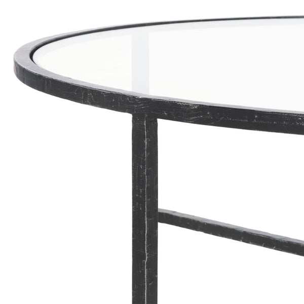 Safavieh TAURI Forged Metal Round Coffee Table - Industrial Elegance with Clear Glass Top for Modern Living Spaces Black / Clear SFV9552B