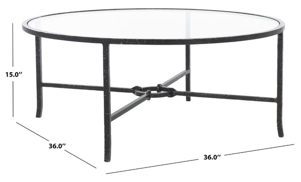 Safavieh TAURI Forged Metal Round Coffee Table - Industrial Elegance with Clear Glass Top for Modern Living Spaces Black / Clear SFV9552B