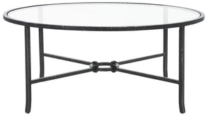 Safavieh TAURI Forged Metal Round Coffee Table - Industrial Elegance with Clear Glass Top for Modern Living Spaces Black / Clear SFV9552B