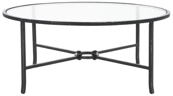 Safavieh TAURI Forged Metal Round Coffee Table - Industrial Elegance with Clear Glass Top for Modern Living Spaces Black / Clear SFV9552B