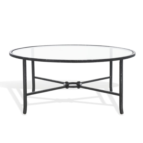 Safavieh TAURI Forged Metal Round Coffee Table - Industrial Elegance with Clear Glass Top for Modern Living Spaces Black / Clear SFV9552B