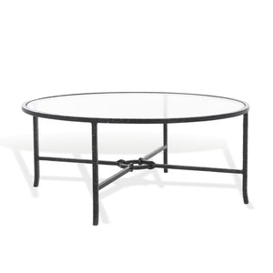 Safavieh TAURI Forged Metal Round Coffee Table - Industrial Elegance with Clear Glass Top for Modern Living Spaces Black / Clear SFV9552B