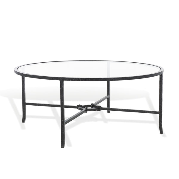 Safavieh TAURI Forged Metal Round Coffee Table - Industrial Elegance with Clear Glass Top for Modern Living Spaces Black / Clear SFV9552B