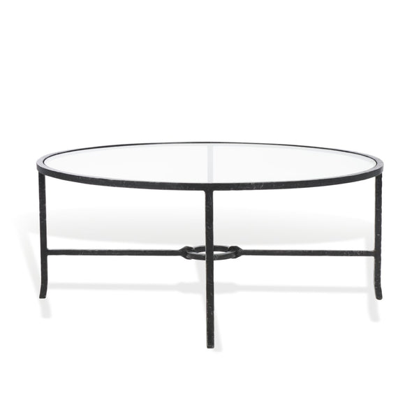 Safavieh TAURI Forged Metal Round Coffee Table - Industrial Elegance with Clear Glass Top for Modern Living Spaces Black / Clear SFV9552B