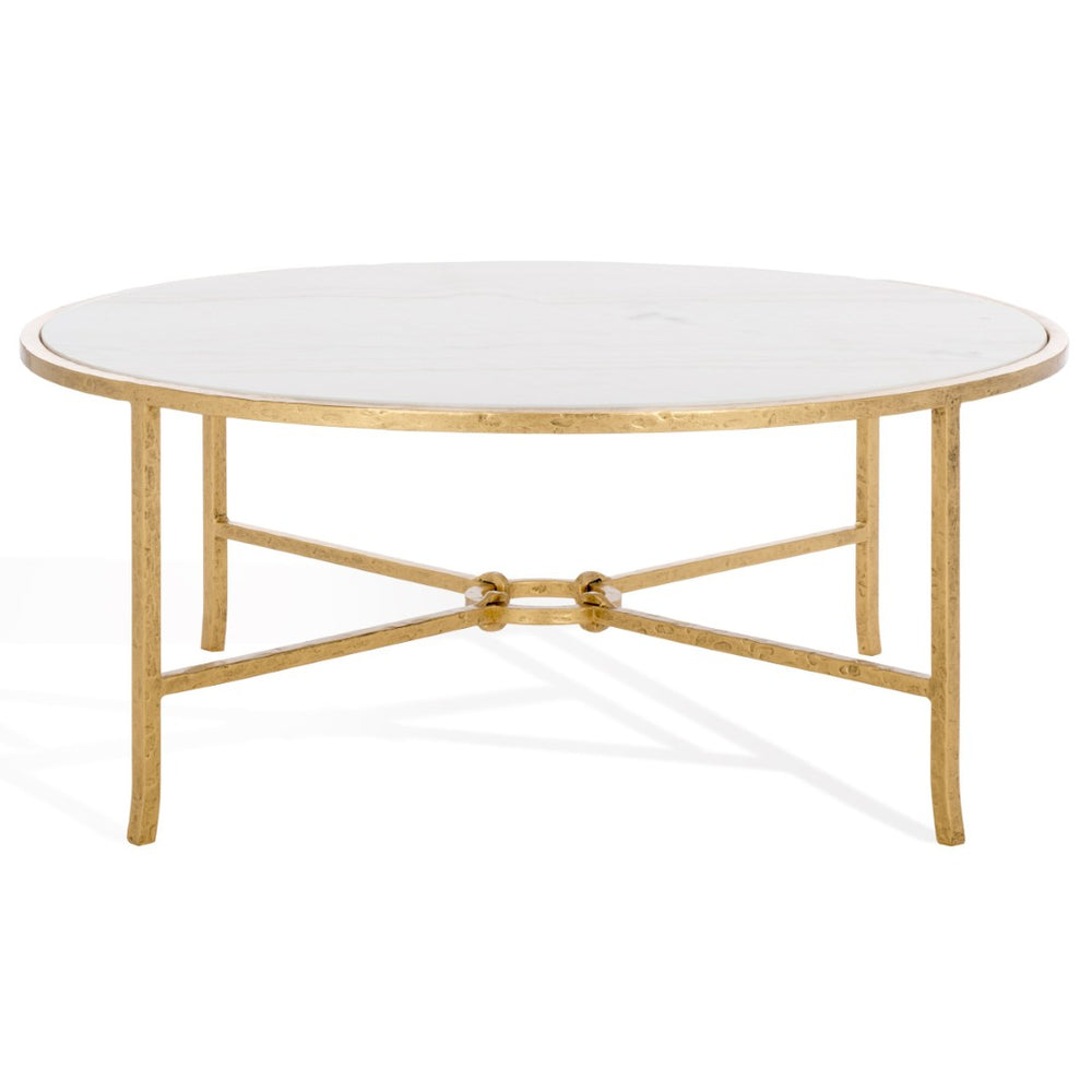 Safavieh TAURI Forged Metal Round Coffee Table - Elegant Brass Base & White Marble Top for Modern Living Spaces SFV9552C