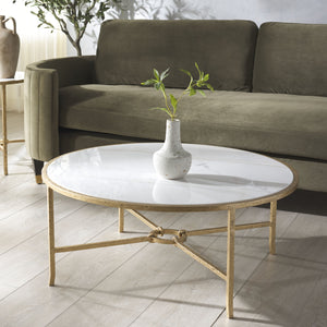 Safavieh Tauri Forged Metal Round Coffee Table - Elegant Glass Top With Sturdy Brass Base For Living Spaces Brass ,White Metal ,Marble Sfv9552c