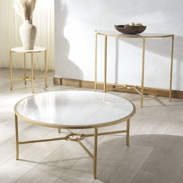 Safavieh Tauri Forged Metal Round Coffee Table - Elegant Glass Top With Sturdy Brass Base For Living Spaces Brass ,White Metal ,Marble Sfv9552c