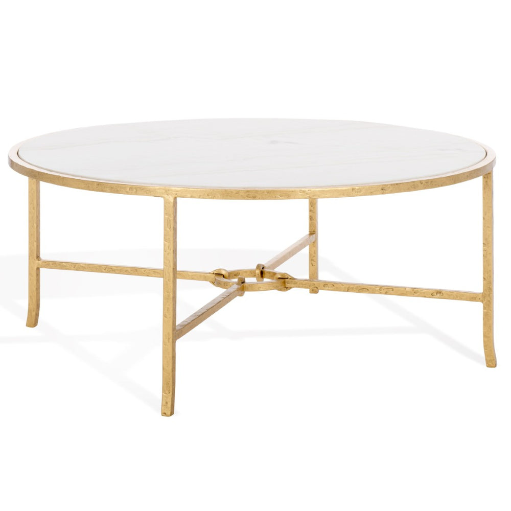 Safavieh TAURI Forged Metal Round Coffee Table - Elegant Brass Base & White Marble Top for Modern Living Spaces SFV9552C