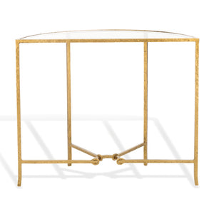 Safavieh TAURI Forged Metal Half Moon Console Table - Chic Sculptural Design for Modern Entryways & Living Spaces Brass / Clear SFV9553A