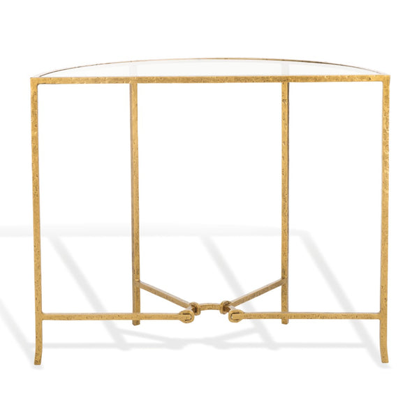 Safavieh TAURI Forged Metal Half Moon Console Table - Chic Sculptural Design for Modern Entryways & Living Spaces Brass / Clear SFV9553A