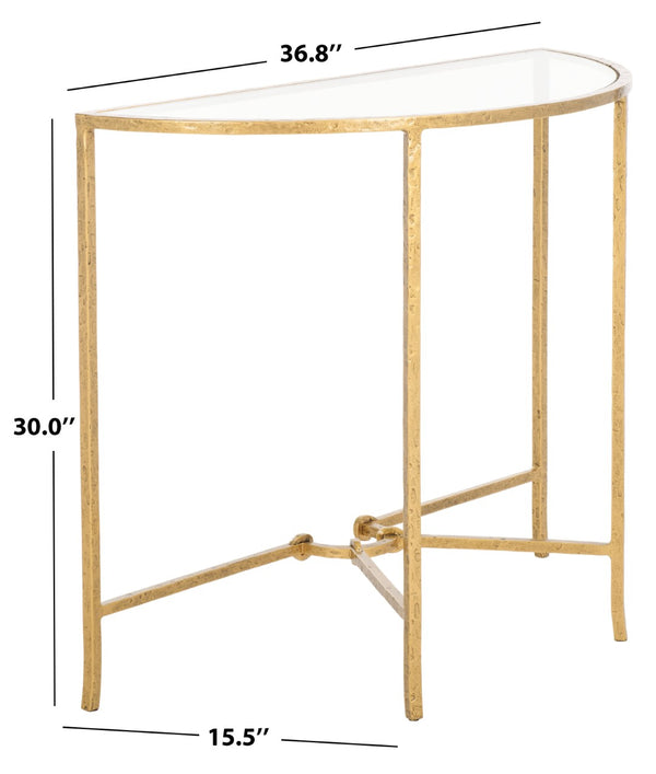 Safavieh TAURI Forged Metal Half Moon Console Table - Chic Sculptural Design for Modern Entryways & Living Spaces Brass / Clear SFV9553A