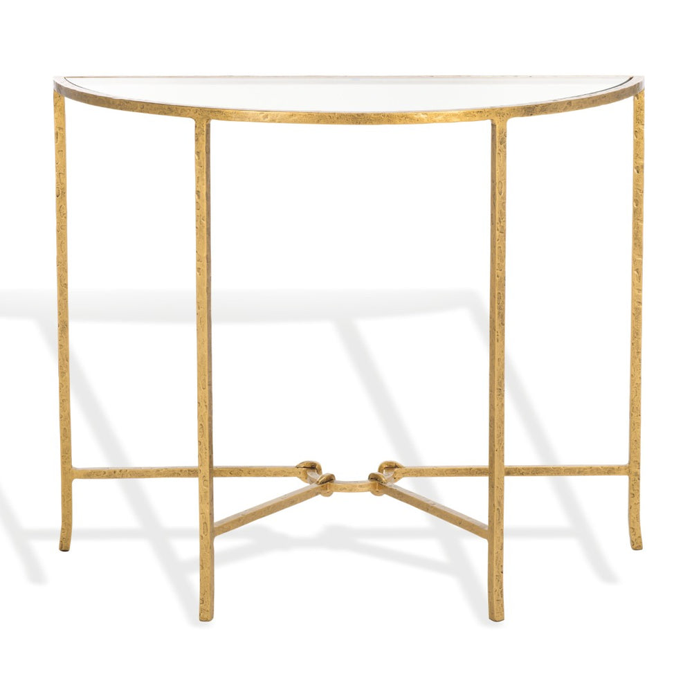 Safavieh TAURI Forged Metal Half Moon Console Table - Chic Sculptural Design for Modern Entryways & Living Spaces Brass / Clear SFV9553A