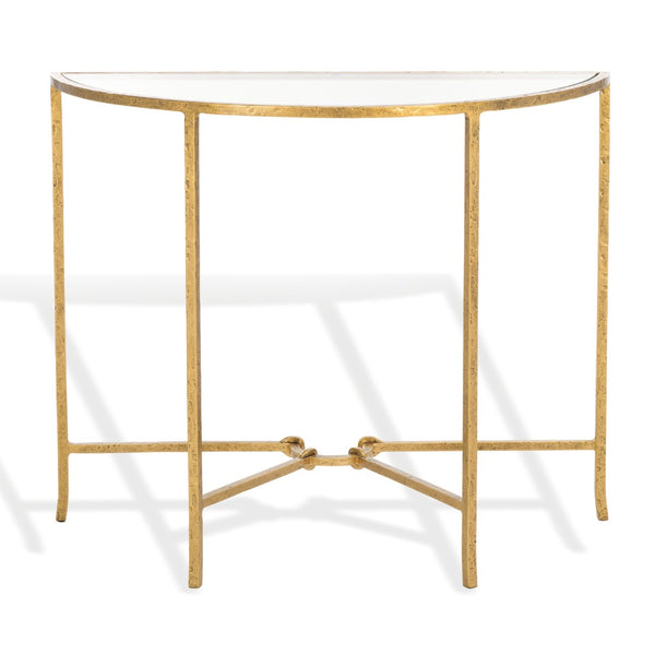 Safavieh TAURI Forged Metal Half Moon Console Table - Chic Sculptural Design for Modern Entryways & Living Spaces Brass / Clear SFV9553A