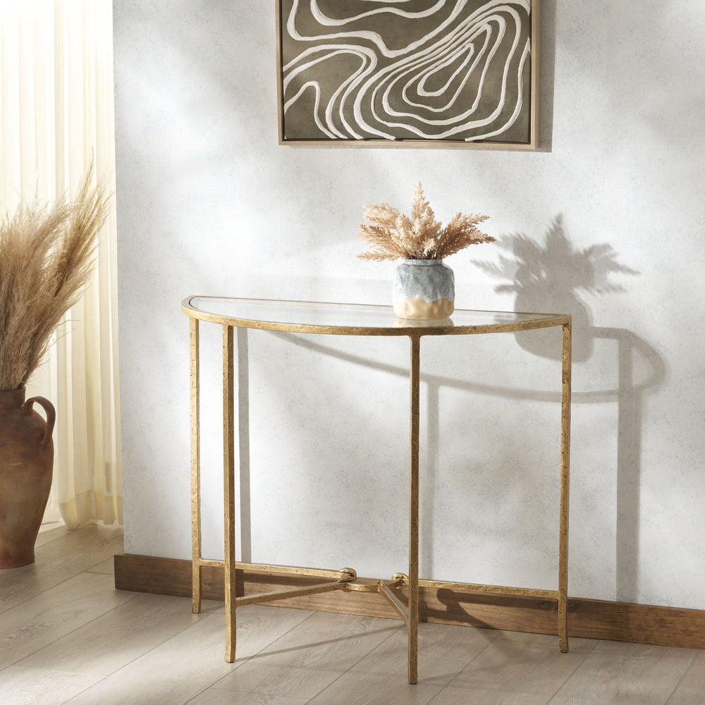 Safavieh Tauri Forged Metal Half Moon Console Table - Elegant Brass Finish With Clear Glass Top For Modern Homes Brass ,Clear Metal ,Tempered Glass Sfv9553a
