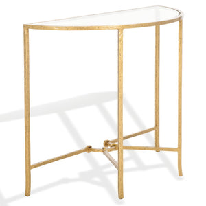 Safavieh TAURI Forged Metal Half Moon Console Table - Chic Sculptural Design for Modern Entryways & Living Spaces Brass / Clear SFV9553A