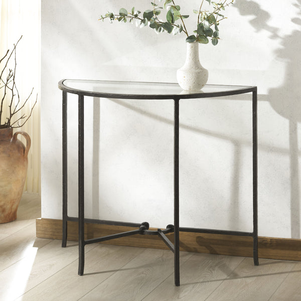 Safavieh Tauri Forged Metal Half Moon Console Table - Elegant Brass Finish With Clear Glass Top For Modern Homes Black ,Clear Metal ,Tempered Glass Sfv9553b