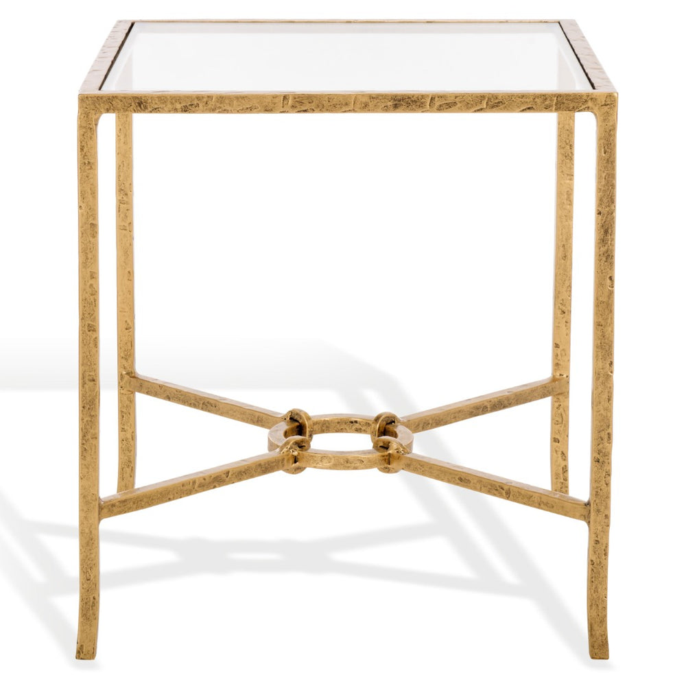 Safavieh TAURI Forged Metal Square Accent Table - Industrial Chic Design for Modern Living Spaces and Decor Brass / Clear SFV9554A