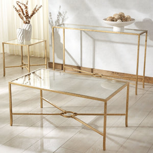 Safavieh TAURI Forged Metal Rectangle Console Table - Industrial Chic Design for Modern Living Spaces Brass / Clear SFV9556A