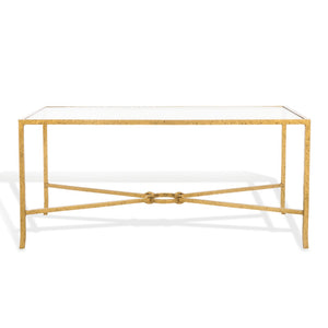 Safavieh TAURI Forged Metal Rectangle Coffee Table – Stylish Industrial Design for Modern Living Spaces Brass / Clear SFV9555A