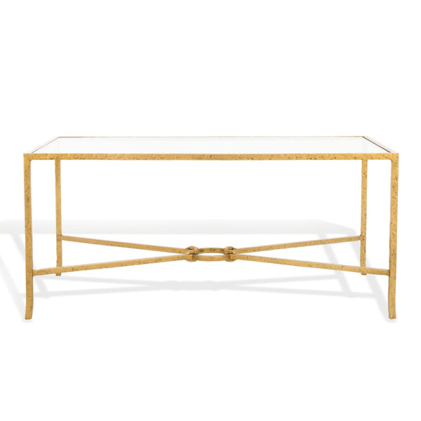 Safavieh TAURI Forged Metal Rectangle Coffee Table – Stylish Industrial Design for Modern Living Spaces Brass / Clear SFV9555A