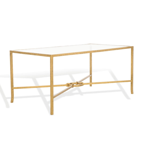 Safavieh TAURI Forged Metal Rectangle Coffee Table – Stylish Industrial Design for Modern Living Spaces Brass / Clear SFV9555A