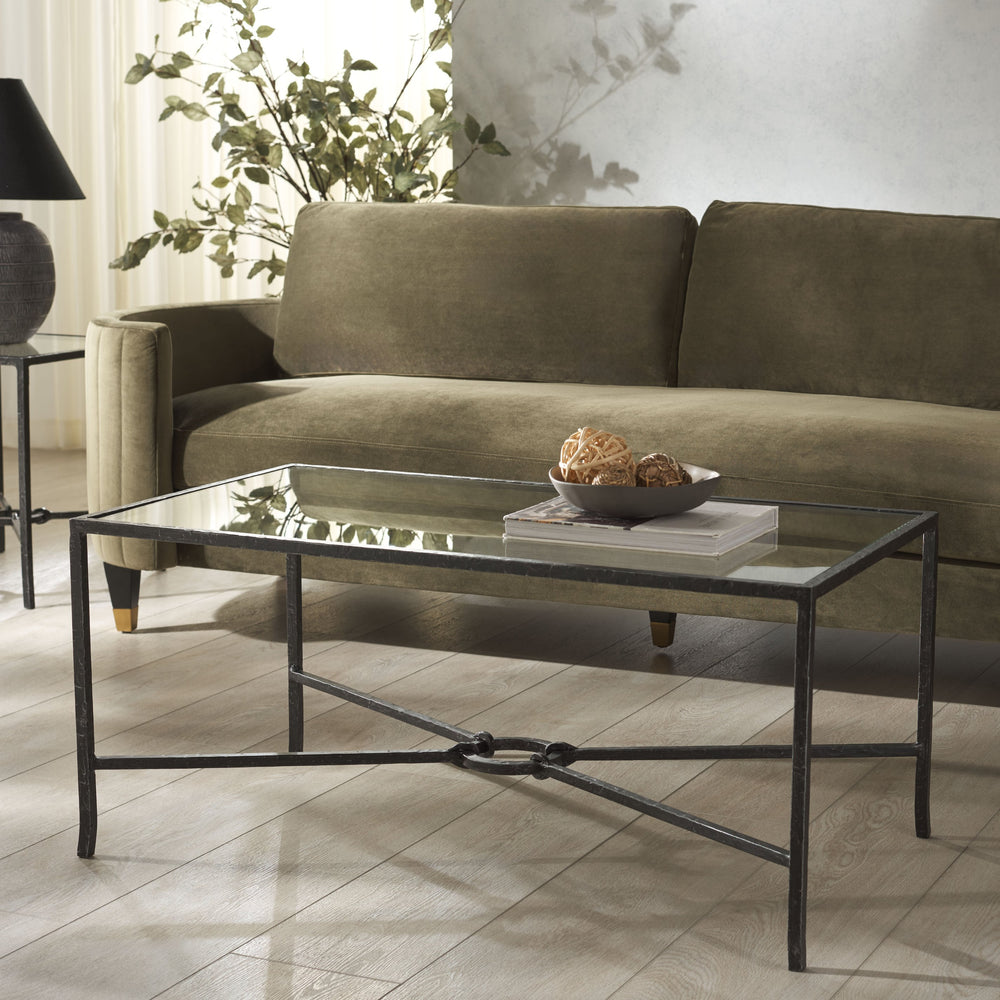 Safavieh Tauri Forged Metal Rectangle Coffee Table - Elegant Brass Base With Clear Glass Top For Your Living Room Black ,Clear Metal ,Tempered Glass Sfv9555b