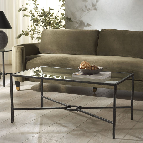 Safavieh Tauri Forged Metal Rectangle Coffee Table - Elegant Brass Base With Clear Glass Top For Your Living Room Black ,Clear Metal ,Tempered Glass Sfv9555b