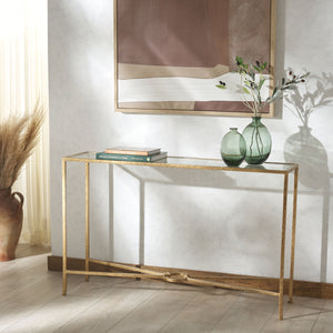 Safavieh Tauri Forged Metal Rectangle Console Table - Elegant Glass Top & Durable Iron Design For Any Space Brass ,Clear Metal ,Tempered Glass Sfv9556a