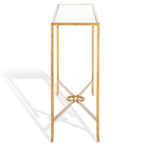 Safavieh TAURI Forged Metal Rectangle Console Table - Industrial Chic Design for Modern Living Spaces Brass / Clear SFV9556A