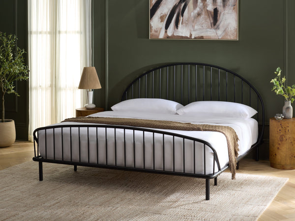 Sheeran Black Metal Spindle Bedframe With Reinforced Slats, Matte Finish, Timeless Minimalist Style