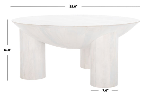 Safavieh CALHOUN Round Mango Wood Coffee Table - Sculptural Design with Asymmetrical Charm for Modern Interiors White Washed SFV9705B
