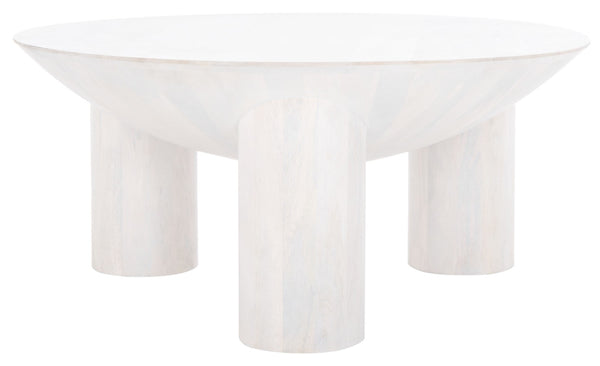 Safavieh CALHOUN Round Mango Wood Coffee Table - Sculptural Design with Asymmetrical Charm for Modern Interiors White Washed SFV9705B