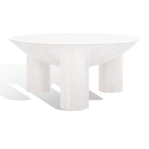 Safavieh CALHOUN Round Mango Wood Coffee Table - Sculptural Design with Asymmetrical Charm for Modern Interiors White Washed SFV9705B