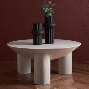 Safavieh CALHOUN Round Mango Wood Coffee Table - Sculptural Design with Asymmetrical Charm for Modern Interiors White Washed SFV9705B