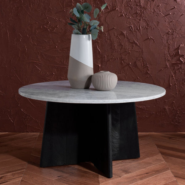 Safavieh MADILYNN Round Coffee Table with Elegant Marble Top and Sculptural Mango Wood Base for Modern Living Black / Light Grey SFV9707B