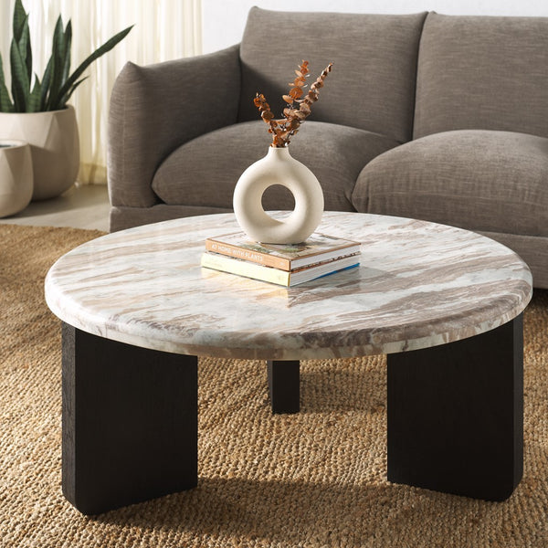 Safavieh Malkin Round Marble Top Coffee Table Brown / Black 38 IN W x 38 IN D x 15 IN H