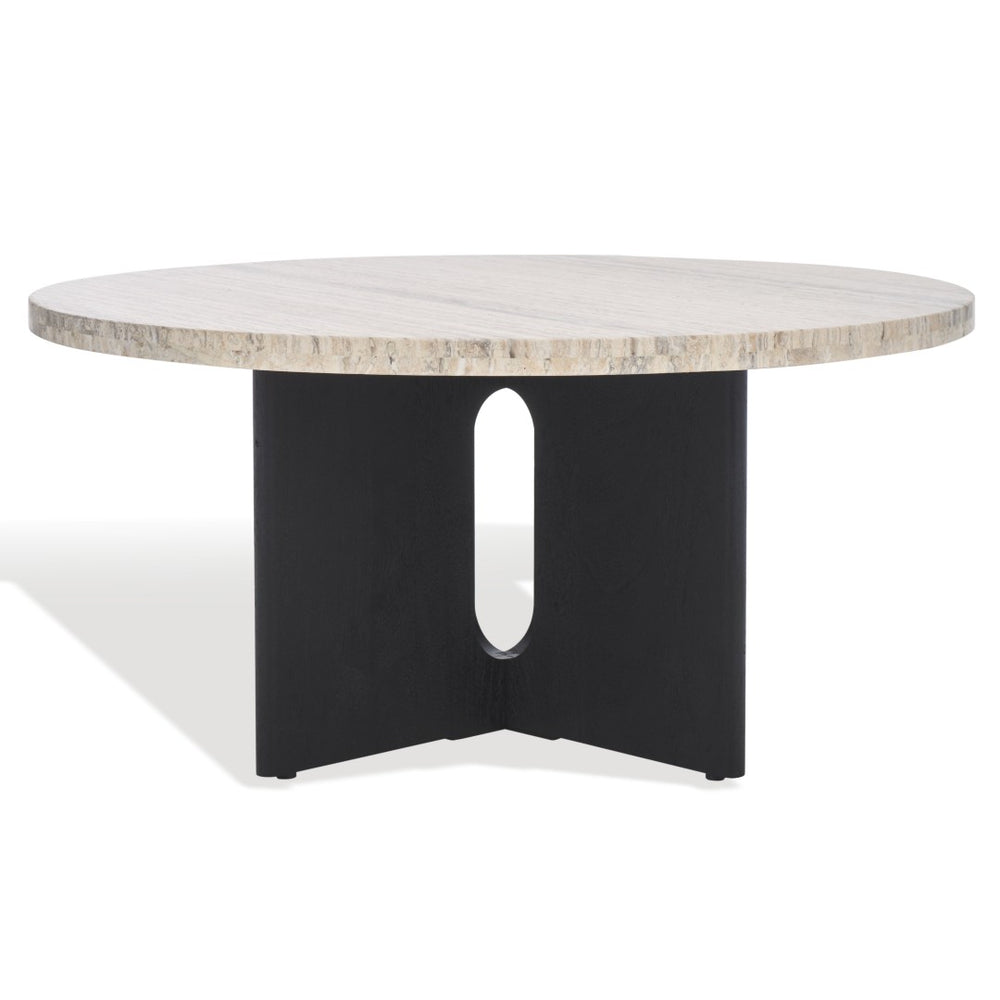 Safavieh SHAYNA Modern Coffee Table – Sculptural Round Design in Natural Stone & Solid Wood for Timeless Elegance Travertine / Black SFV9721A