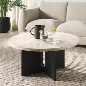 Safavieh SHAYNA Modern Coffee Table – Sculptural Round Design in Natural Stone & Solid Wood for Timeless Elegance Travertine / Black SFV9721A
