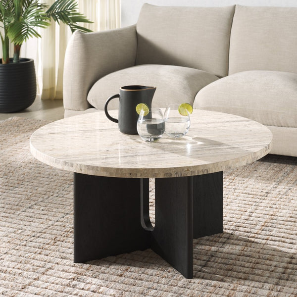 Safavieh SHAYNA Modern Coffee Table – Sculptural Round Design in Natural Stone & Solid Wood for Timeless Elegance Travertine / Black SFV9721A