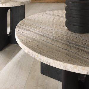 Safavieh SHAYNA Modern Coffee Table – Sculptural Round Design in Natural Stone & Solid Wood for Timeless Elegance Travertine / Black SFV9721A