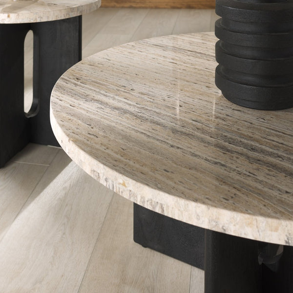 Safavieh SHAYNA Modern Accent Table with Round Natural Stone Top and Sculptural Black Wood Base Design Travertine / Black SFV9722A