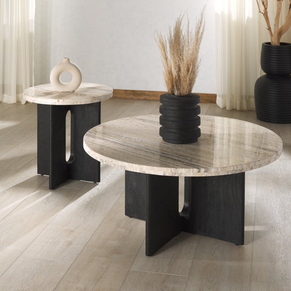 Safavieh SHAYNA Modern Accent Table with Round Natural Stone Top and Sculptural Black Wood Base Design Travertine / Black SFV9722A