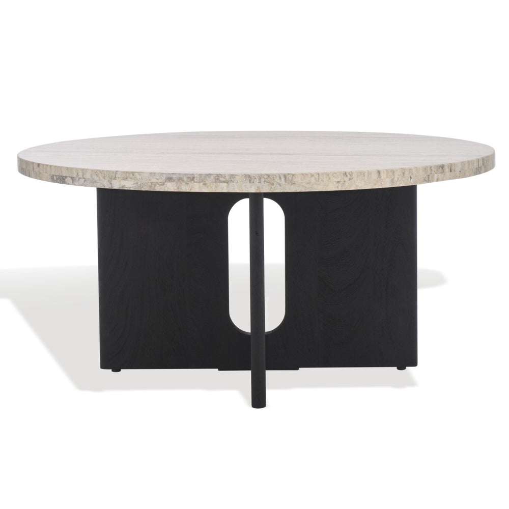 Safavieh SHAYNA Modern Coffee Table – Sculptural Round Design in Natural Stone & Solid Wood for Timeless Elegance Travertine / Black SFV9721A