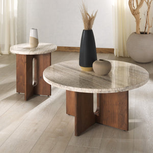 Safavieh SHAYNA Modern Accent Table with Round Natural Stone Top and Sculptural Black Wood Base Design Travertine / Brown SFV9722B