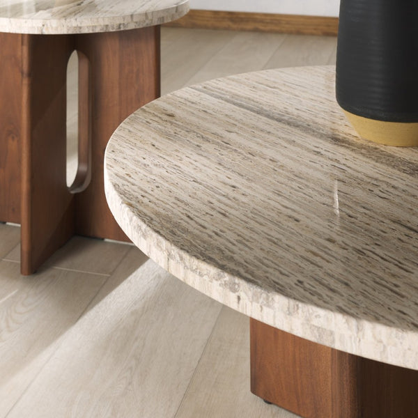 Safavieh SHAYNA Modern Accent Table with Round Natural Stone Top and Sculptural Black Wood Base Design Travertine / Brown SFV9722B
