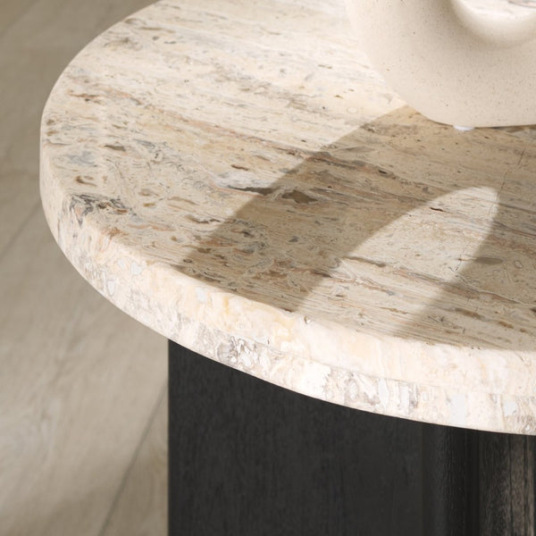 Safavieh SHAYNA Modern Accent Table with Round Natural Stone Top and Sculptural Black Wood Base Design Travertine / Black SFV9722A