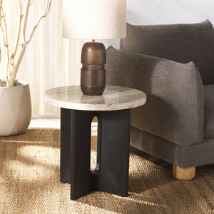 Safavieh SHAYNA Modern Accent Table with Round Natural Stone Top and Sculptural Black Wood Base Design Travertine / Black SFV9722A