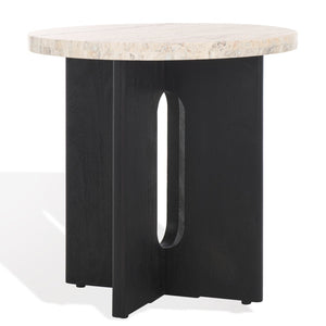Safavieh SHAYNA Modern Accent Table with Round Natural Stone Top and Sculptural Black Wood Base Design Travertine / Black SFV9722A